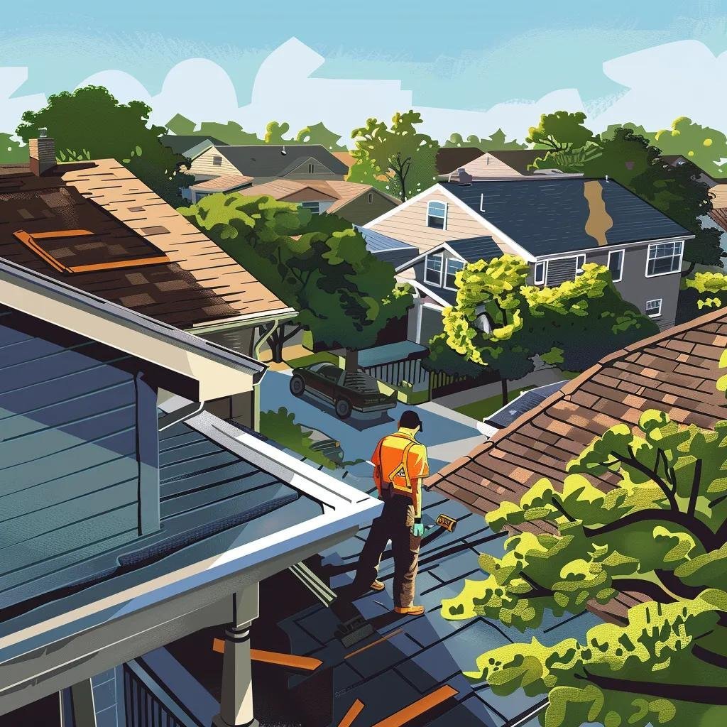 Key steps in the roof restoration process with technicians inspecting and cleaning a roof